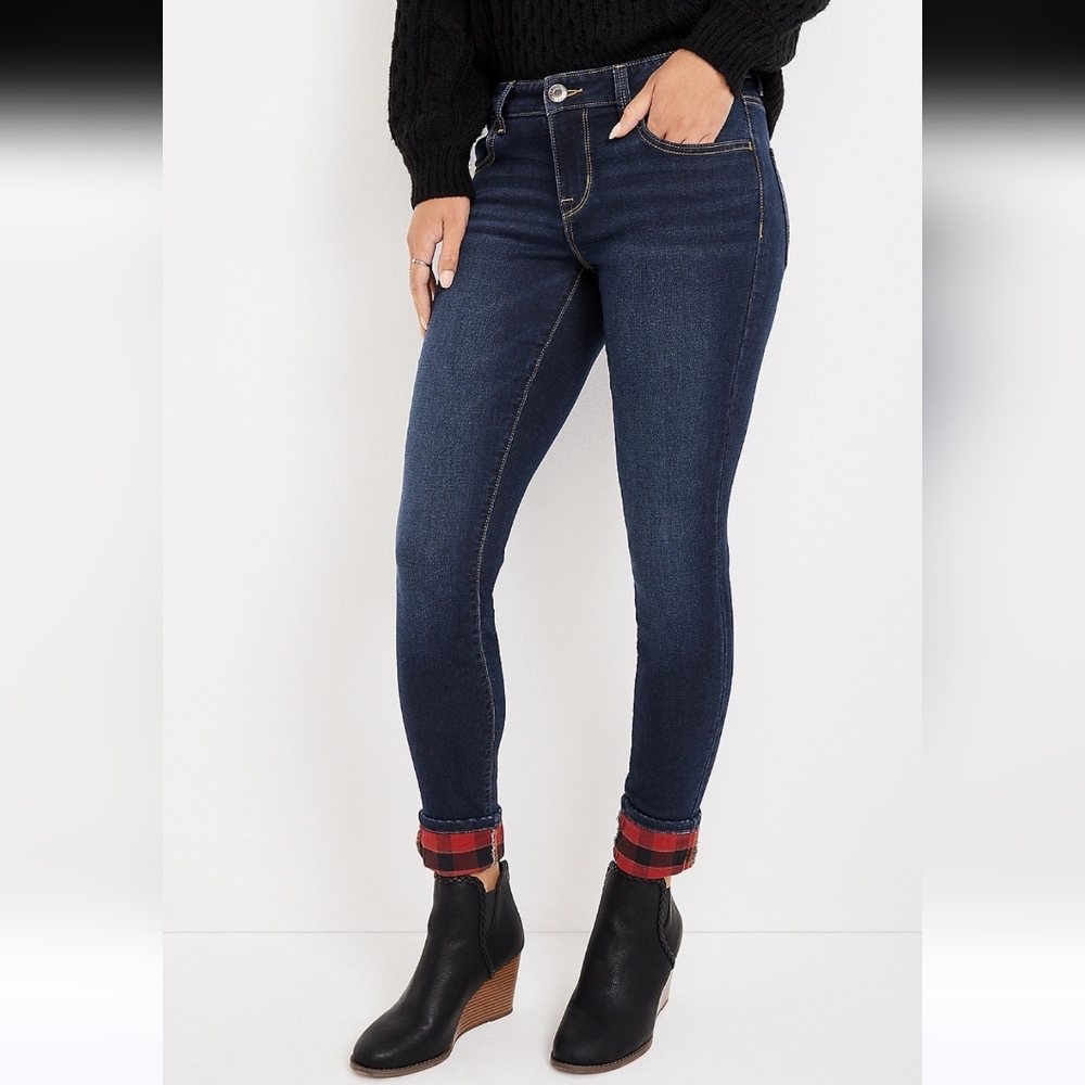 Maurices Sz S Super Soft Plaid Cuff Mid Rise Jeans Skinny Bx-3168